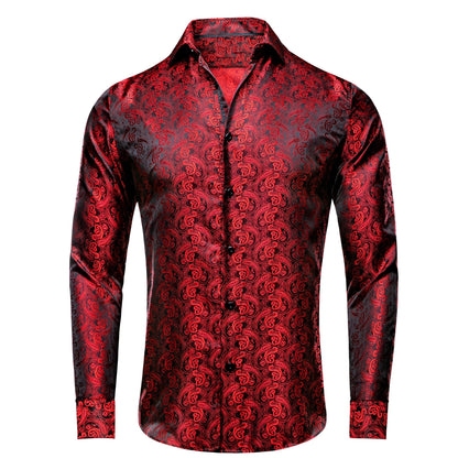 Hi-Tie Long Sleeve Silk Shirts for Men Suit Dress Outwear Male Slim Wedding Floral Paisley Gold Blue Red The Clothing Company Sydney