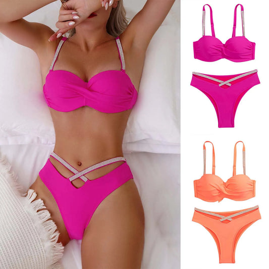2 Piece Shiny Rhinestone Bikini Double Shoulder Thin Shoulder Straps Push Up Swimwear Pleated Swimsuit - The Clothing Company Sydney