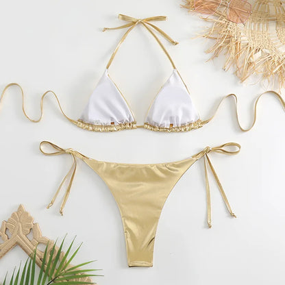 2 Piece Shiny Triangle Micro Thong Bikinis Sets Swimsuit Mini Swimwear Bathing Swiming Suits - The Clothing Company Sydney