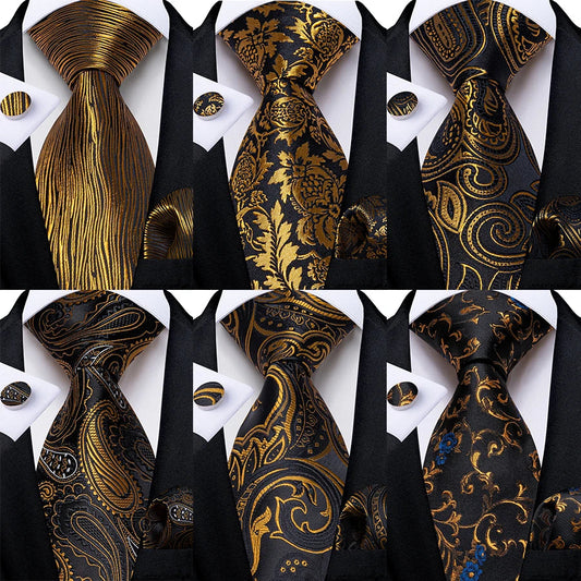 Luxury Black & Gold Paisley Silk Tie Set – Men's Necktie, Pocket Square & Cufflinks Gift The Clothing Company Sydney