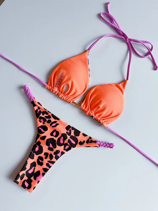 Women's Braided rope Micro Bikinis  Swimsuit Leopard Print Beach Bathing Suit - The Clothing Company Sydney