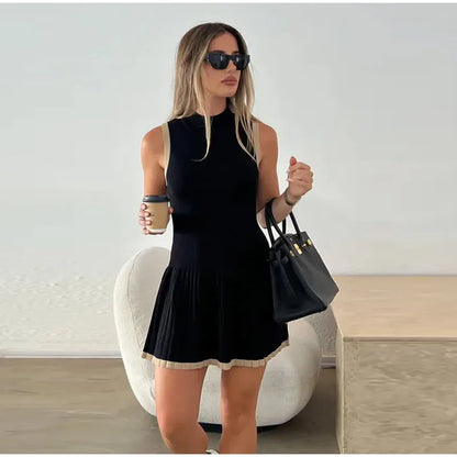 Women's Knitted O-neck Mini Dress Elegant Sleeveless High Waist Pleated Dresses - The Clothing Company Sydney