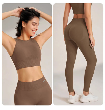 Yoga Matching Outfit Set Women's High Waist Leggings and Top Two Piece Seamless Fitness Exercise Fitness Workout Activewear - The Clothing Company Sydney