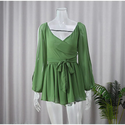 Green Pleated Mini Elegant V-neck Split Long Sleeve A-line Summer Lady Solid Backless Lace Up Dress - The Clothing Company Sydney
