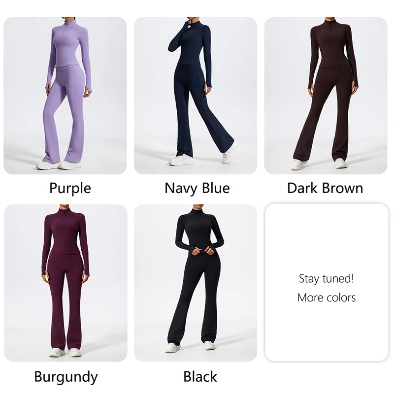2 Piece Sports Suit Women Half Zipper Long Sleeves Slim Yoga Set Flared Activewear Gym Workout Sportswear The Clothing Company Sydney