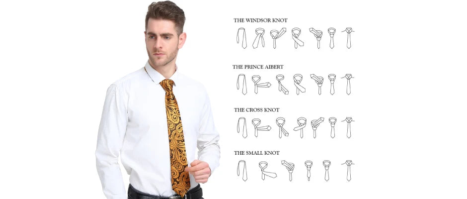 Elegant Men's Gold Leaves Floral Silk Neck Tie Pocket Square Cufflinks Wedding Business Party Gift Set - The Clothing Company Sydney