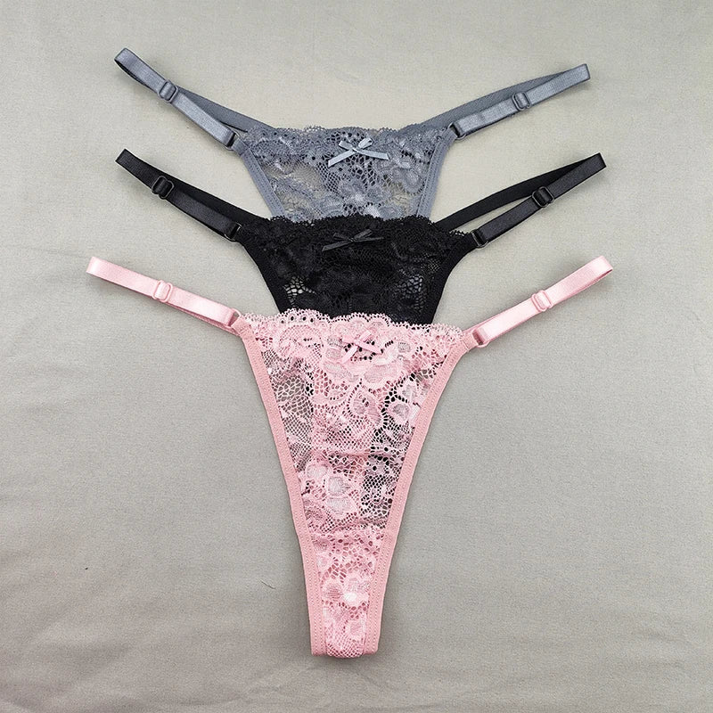 3 Pack Women's Lace Hollow Out Thongs Thin Sheer G-Strings Ultra-low Rise Seamless Panties Perspective Bow Knickers - The Clothing Company Sydney
