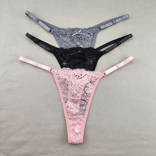 3 Pack Women's Lace Hollow Out Thongs Thin Sheer G-Strings Ultra-low Rise Seamless Panties Perspective Bow Knickers - The Clothing Company Sydney