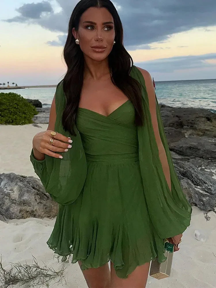 Green Pleated Mini Elegant V-neck Split Long Sleeve A-line Summer Lady Solid Backless Lace Up Dress - The Clothing Company Sydney