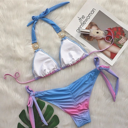 2 Piece Rhinestone Swimsuit Crystal Thong String Bikini Set Swimwear Beach Wear Bathing Suit - The Clothing Company Sydney