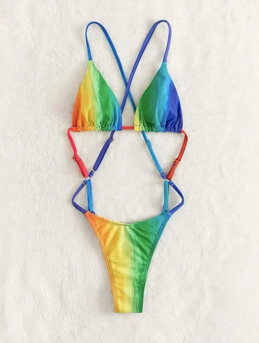 Gradient Color One Piece Swimsuit Striped Patchwork Push Up Micro Bikini Beach Cut Out Bathing Suit Trikini Swimwear