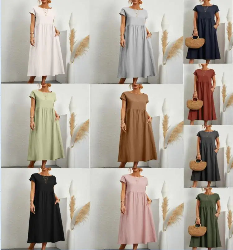 Women's Elegant Dress Summer Short Sleeve O-Neck Vintage Cotton Linen Comfortable Loose Pocket Long Dress - The Clothing Company Sydney