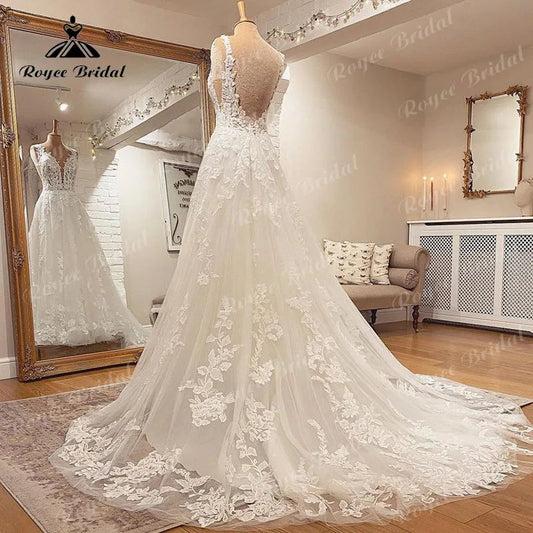 Blush Pink Sleeveless V-Neck Wedding Dress – Lace Applique Backless A-Line Bridal Gown The Clothing Company Sydney