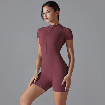 Yoga Set Women's Jumpsuits One-Piece Suit Zipper Short Sleeve Gym Push Up Workout Fitness Bodysuit Sportswear - The Clothing Company Sydney