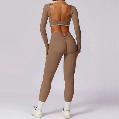 2 Piece Womens Tracksuit Yoga Set Workout Sportswear Gym Clothing Fitness Long Sleeve Crop Top High Waist Leggings Sports Suits - The Clothing Company Sydney