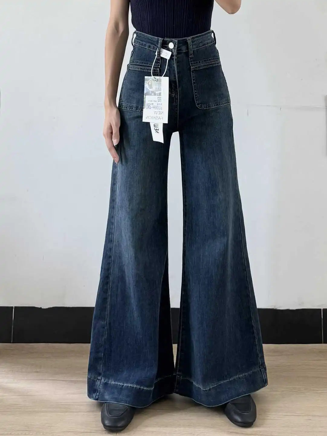 Women's Autumn Retro Micro-flared Solid Color High-waisted Straight Wide Leg Pants Loose Floor-length Jeans The Clothing Company Sydney