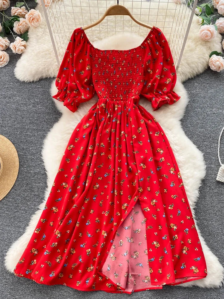 Women's Fashion Romantic Floral Print Split Long Summer Dress Puff Sleeve Party Dress - The Clothing Company Sydney