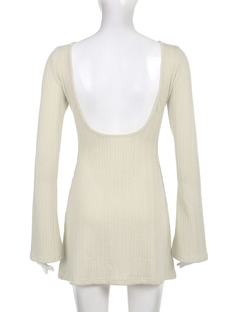 Backless Chic Solid Long Sleeve Autumn Dress Women's Fashion Basic Mini Dresses Slim Elegant Dress The Clothing Company Sydney