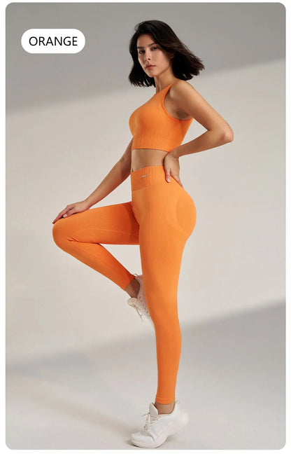 Yoga Matching Outfit Set Women's High Waist Leggings and Top Two Piece Seamless Fitness Exercise Fitness Workout Activewear - The Clothing Company Sydney
