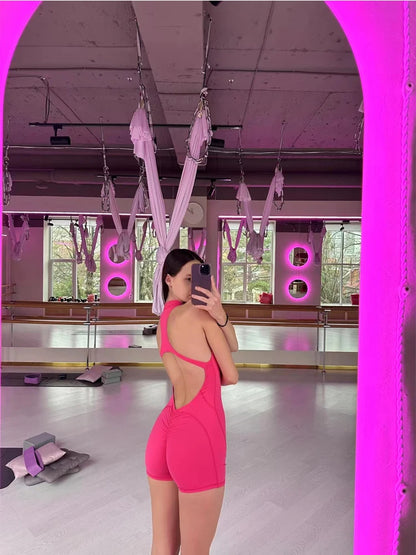 V Cut Zip Up Rompers Yoga Sets Racerback Jumpsuit Women Fitness Gym Clothing Workout Open Back Sports Suit - The Clothing Company Sydney