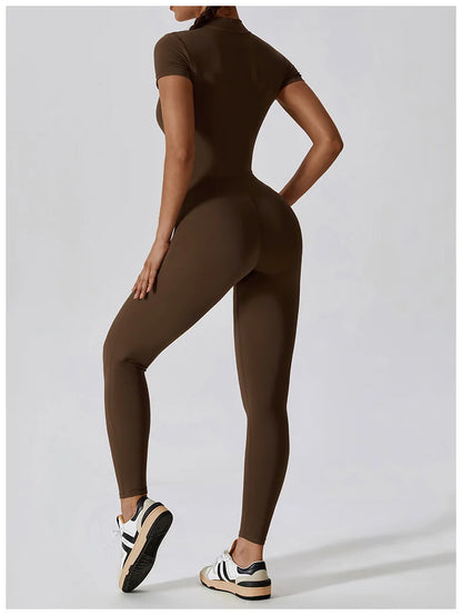 Yoga Jumpsuit Women Zipper Short Sleeve one piece Gym suit Fitness Set Workout Romper Elastic Sportswear - The Clothing Company Sydney