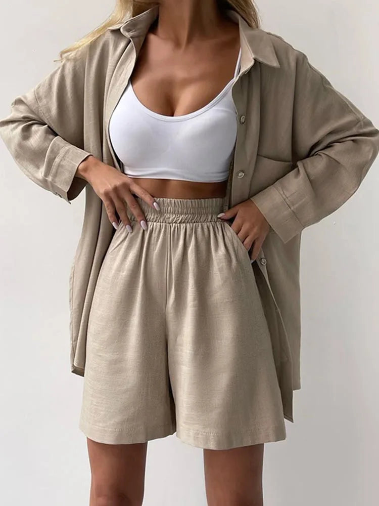 Summer Women's Suit Cotton Casual Shorts and Shirts 2 Piece  Matching Outfit Set Linen Fashion Blouse Women's Suit - The Clothing Company Sydney