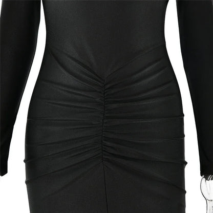 Hollow Out Long Sleeve Maxi Dress Gown Autumn Winter New Metal Buckle Ruched Slit Long Elegant Dress - The Clothing Company Sydney