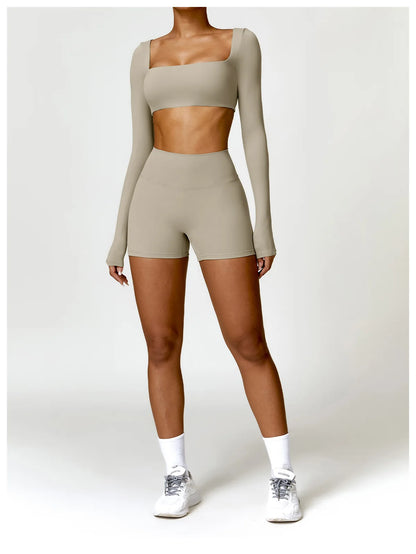 2 Piece Long Sleeve Gym Set Women Yoga Clothes Quick-Drying Sportswear Running Leggings Workout Sports Crop Top Shorts - The Clothing Company Sydney