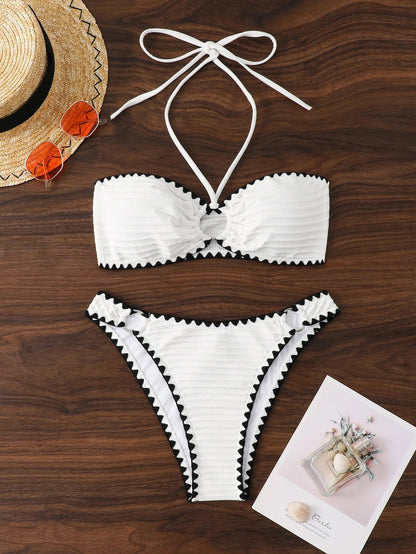 Swimwear White 2 Piece Strapless Swimsuit Bandeau Backless Bikini Set Lace-up Patchwork Bathing Suit The Clothing Company Sydney