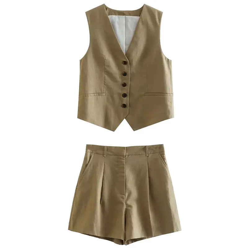 2 Piece Women's Suit Button V Neck Waistcoats Elegant Vest Top Zipper High Waist Slim Pants Shorts Summer Female Streetwear - The Clothing Company Sydney
