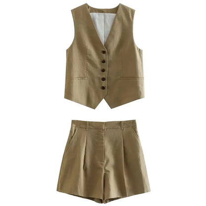2 Piece Women's Suit Button V Neck Waistcoats Elegant Vest Top Zipper High Waist Slim Pants Shorts Summer Female Streetwear - The Clothing Company Sydney