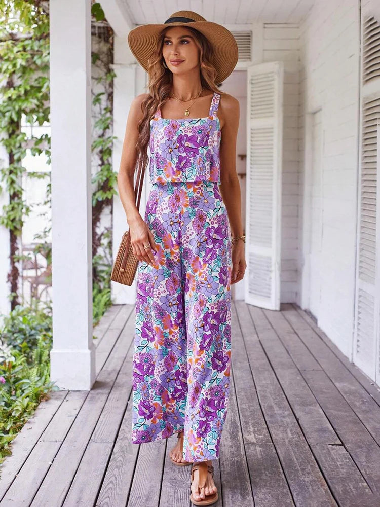 Elegant Long Women's Backless Wide Leg Jumpsuits Casual Sleeveless Floral Rompers Summer Matching Outfit Set - The Clothing Company Sydney