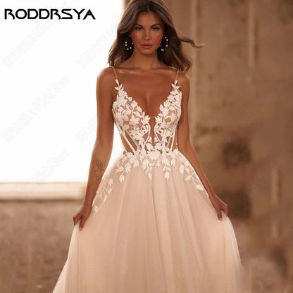 Spaghetti Straps Glitter V-Neck Applique Backless Boho Sweep Train Customized Wedding Dress The Clothing Company Sydney