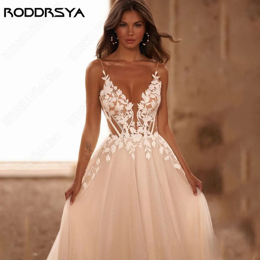 Spaghetti Straps Glitter V-Neck Applique Backless Boho Sweep Train Customized Wedding Dress The Clothing Company Sydney