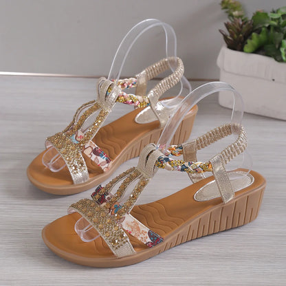 Women's Wedge Summer Shoes Rhinestones Elastic Platform Peep Toe Outdoor Sandals - The Clothing Company Sydney