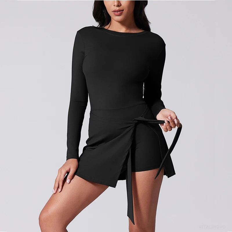 Womens High Neck Tennis Dress Long Sleeve Sarong Wrap Skirt Built in Shorts Golf Athletic Dress - The Clothing Company Sydney