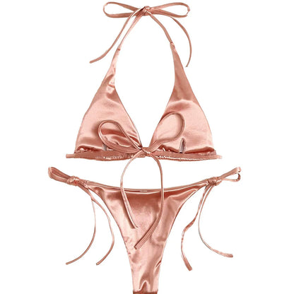 2 Piece Halter Satin Brazilian Bikini Swimwear Swimsuit Two piece Bikini set Bather Bathing Suit - The Clothing Company Sydney