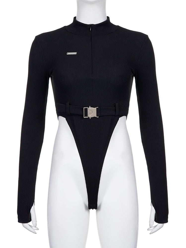 Streetwear Zipper Skinny Black Women Bodysuits Top Buckle Turtleneck Autumn Body Fashion Motorcycle One Piece Bodysuit The Clothing Company Sydney