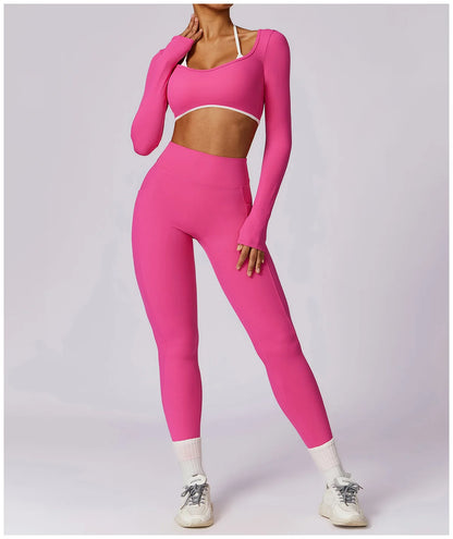 2 Piece Womens Tracksuit Yoga Set Workout Sportswear Gym Clothing Fitness Long Sleeve Crop Top High Waist Leggings Sports Suits - The Clothing Company Sydney