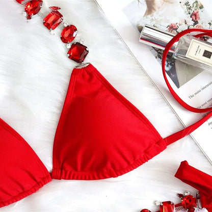 Rhinestone Two 2 Piece Swimsuit Crystal Thong String Bikini Set Women Swimwear Beach Wear Bathing Suit - The Clothing Company Sydney