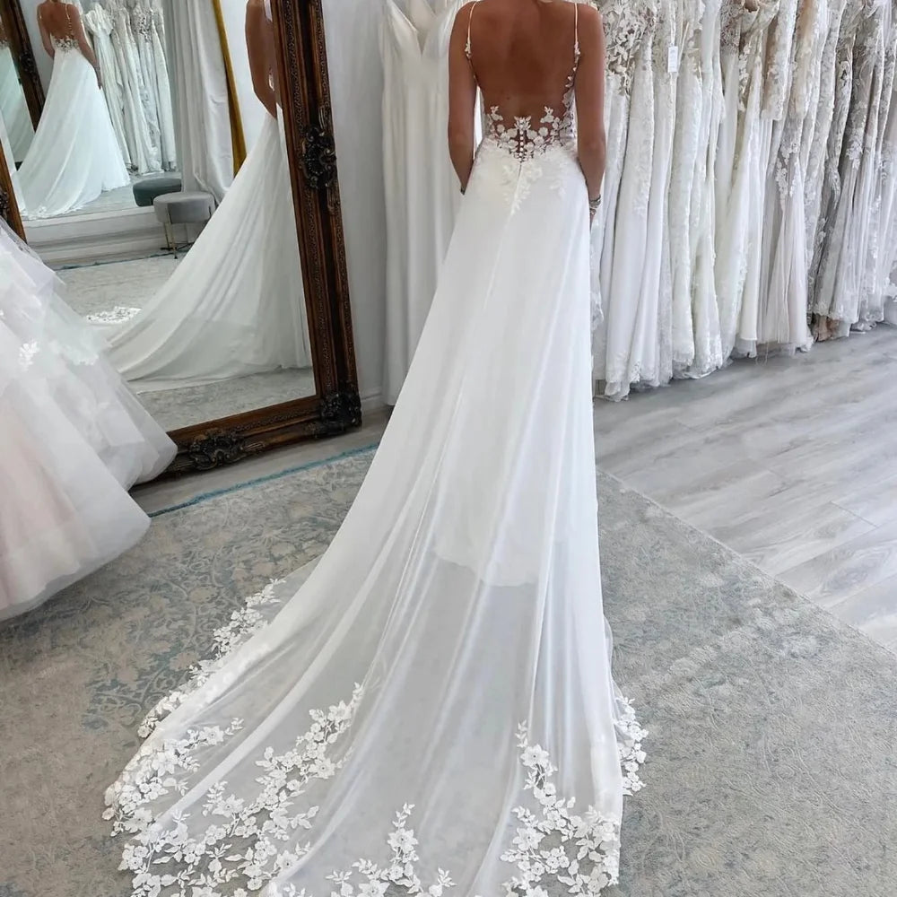 Beach A Line Chiffion Wedding Dresses V-neck Spaghetti Straps Backless Button Boho Bridal Gowns - The Clothing Company Sydney