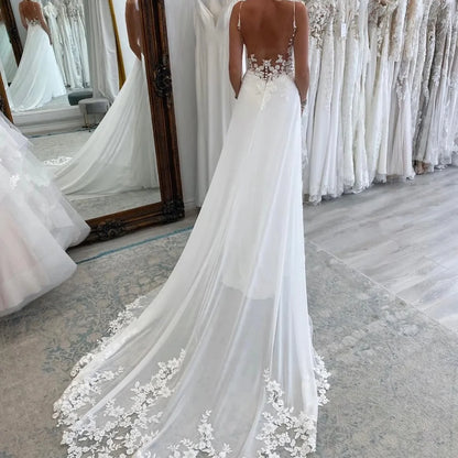 Beach A Line Chiffion Wedding Dresses V-neck Spaghetti Straps Backless Button Boho Bridal Gowns - The Clothing Company Sydney