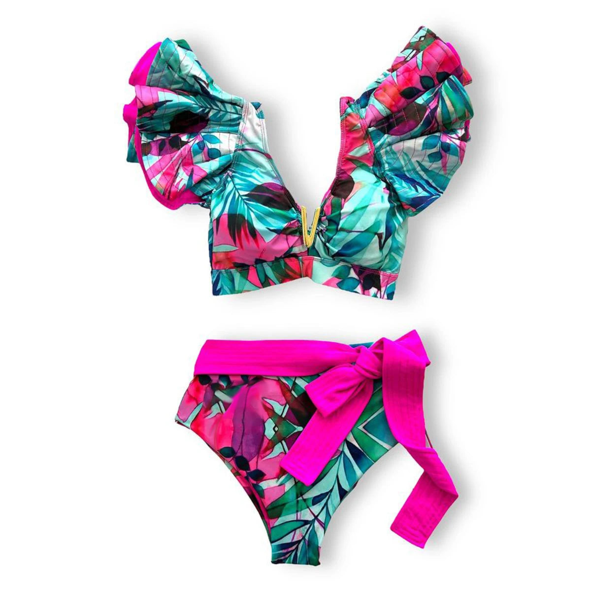 V-Neck High Waist Bikini Sets Shoulder Ruffled Printed Swimsuit Two Piece Swimwear Bathing Suits The Clothing Company Sydney