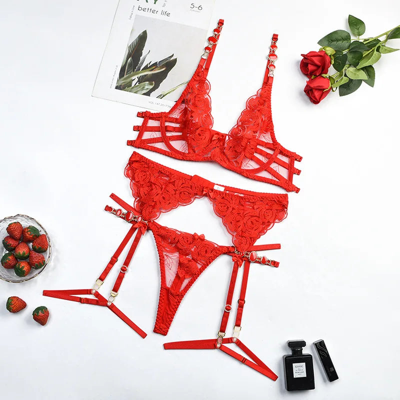 3 Piece Lingerie Luxury Jewel Shoulder Strap Underwear Garter Lace IntimateLingerie Set - The Clothing Company Sydney