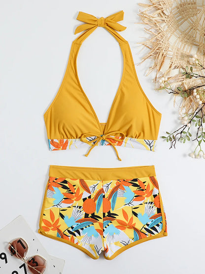 2 Piece Halter Bikini Set Shorts Swimsuit High Waist Swimwear Female Printed Bathers Swimming Bathing Swim Suit Beachwear - The Clothing Company Sydney