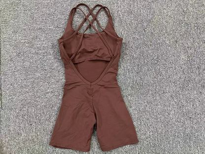 Criss Cross Backless Unitard Gym Women Romper One Piece Yoga Set Sportswear Sleeveless Sport Short Jumpsuit Playsuit Fitness Overalls - The Clothing Company Sydney