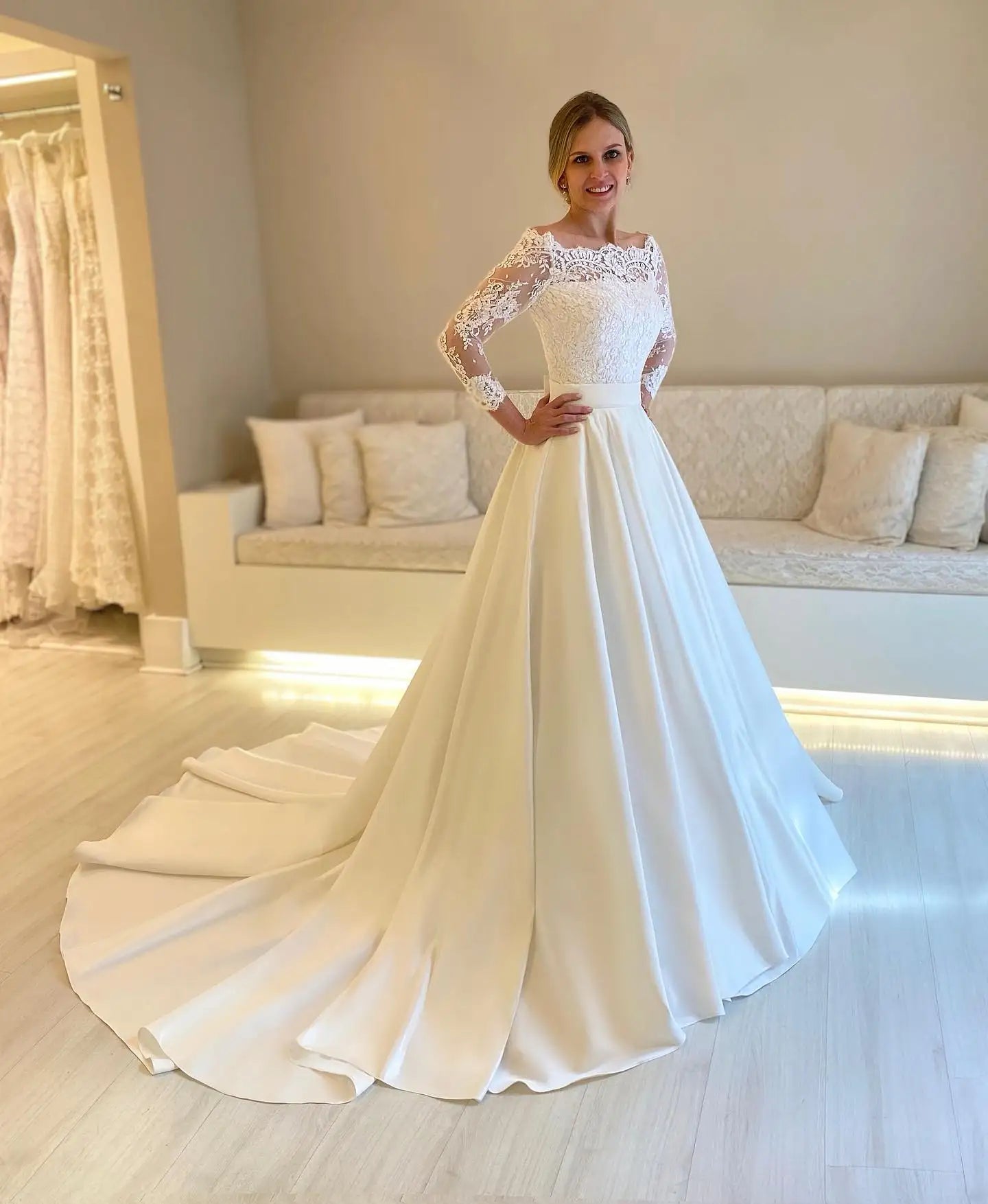 Vintage Off The Shoulder 3/4 Sleeves Lace Applique Satin A Line Wedding Dresses Sweep Train Custom Made Dress The Clothing Company Sydney