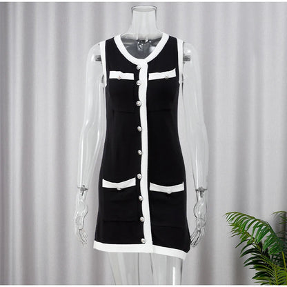 Women's Knitted O-neck Mini Dress Elegant Sleeveless High Waist Pleated Dresses - The Clothing Company Sydney