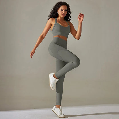 Cross Back Strap Yoga Set Women High Waist Leggings Running Workout Suits Sportswear Seamless Fitness Clothes Tracksuit Set - The Clothing Company Sydney