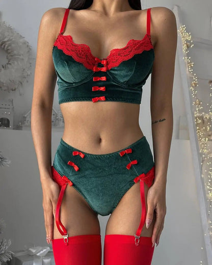 Women's 2 Piece Christmas Lingerie Velvet Female Underwear Bowknot Lace Patchwork Intimate Luxury Xmas Festival Set The Clothing Company Sydney